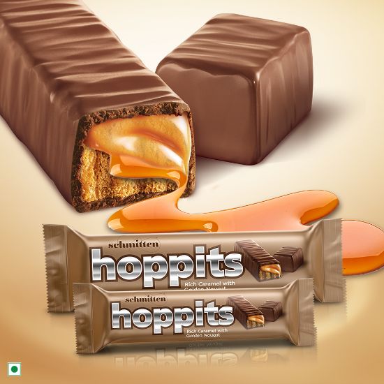 Picture of Schmitten Hoppits Rich Caramel with Golden Nougat Filled Real Milk Chocolate Bar, 40g (Pack of 4)